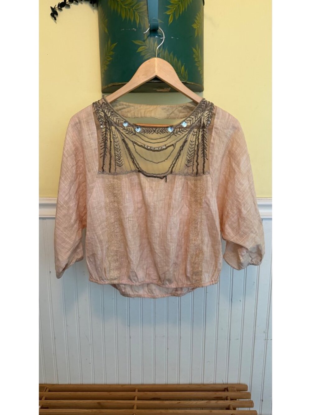 Free People Embellished Sheer Pink Blouse With Beaded Details & 3/4 Sleeves XS